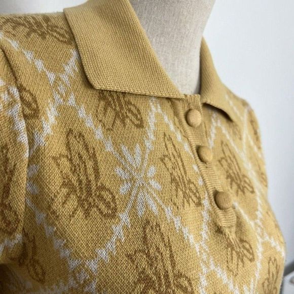 Simple Retro Yellow Floral Polo Contrast Collar Wool Knit Sweater Sz Small NWOT - Picture 4 of 11